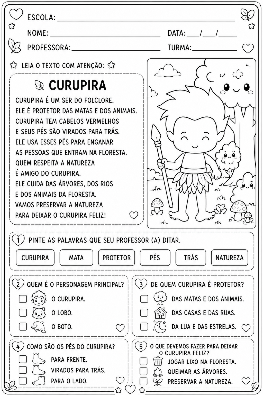 Leitura e Interpretação – Folclore Brasileiro | Nível 1 | Para colorir - Imagem 5