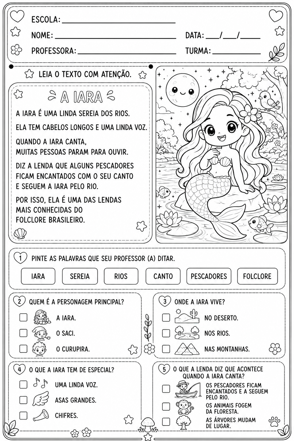 Leitura e Interpretação – Folclore Brasileiro | Nível 1 | Para colorir