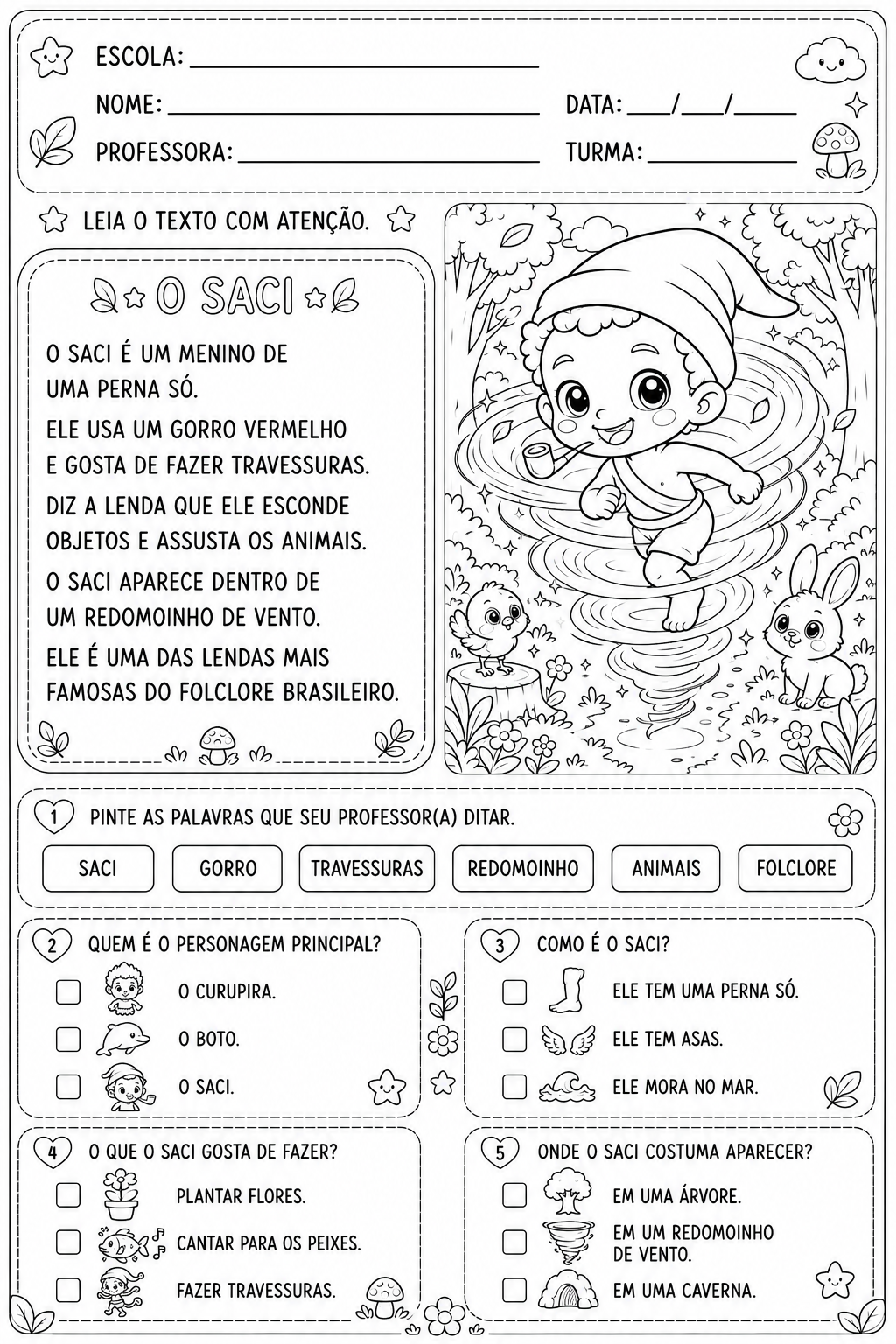 Leitura e Interpretação – Folclore Brasileiro | Nível 1 | Para colorir - Imagem 4