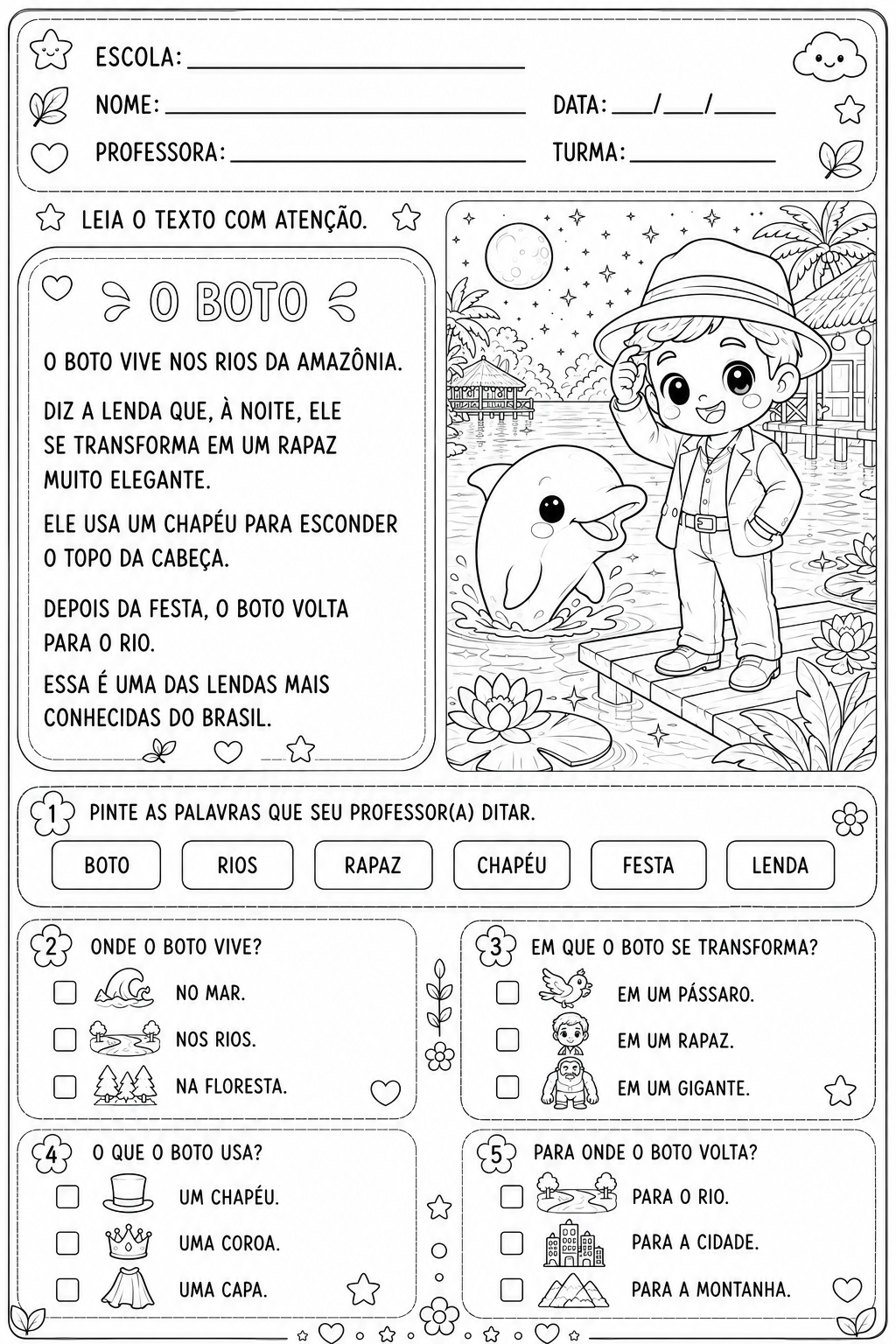 Leitura e Interpretação – Folclore Brasileiro | Nível 1 | Para colorir - Imagem 3