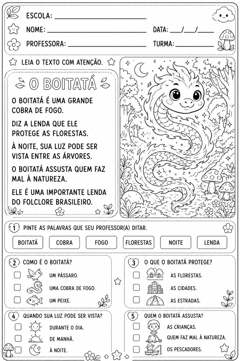 Leitura e Interpretação – Folclore Brasileiro | Nível 1 | Para colorir - Imagem 2