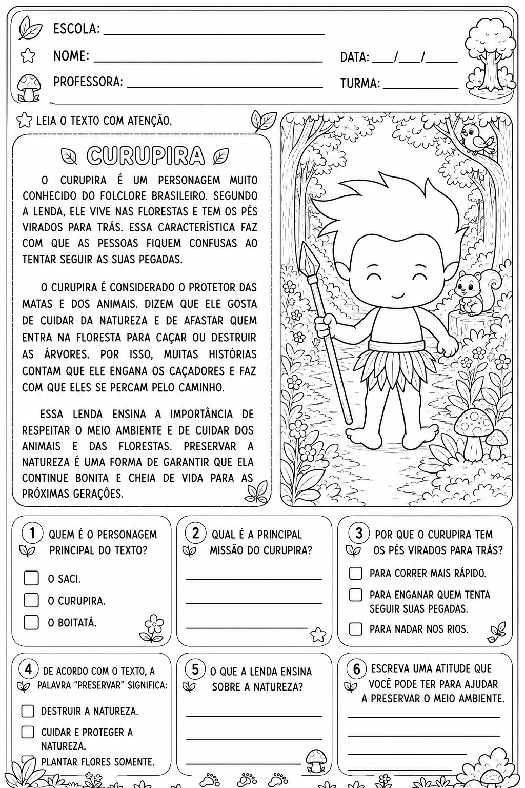 Leitura e Interpretação – Folclore Brasileiro | Nível 2 | Para colorir - Imagem 6