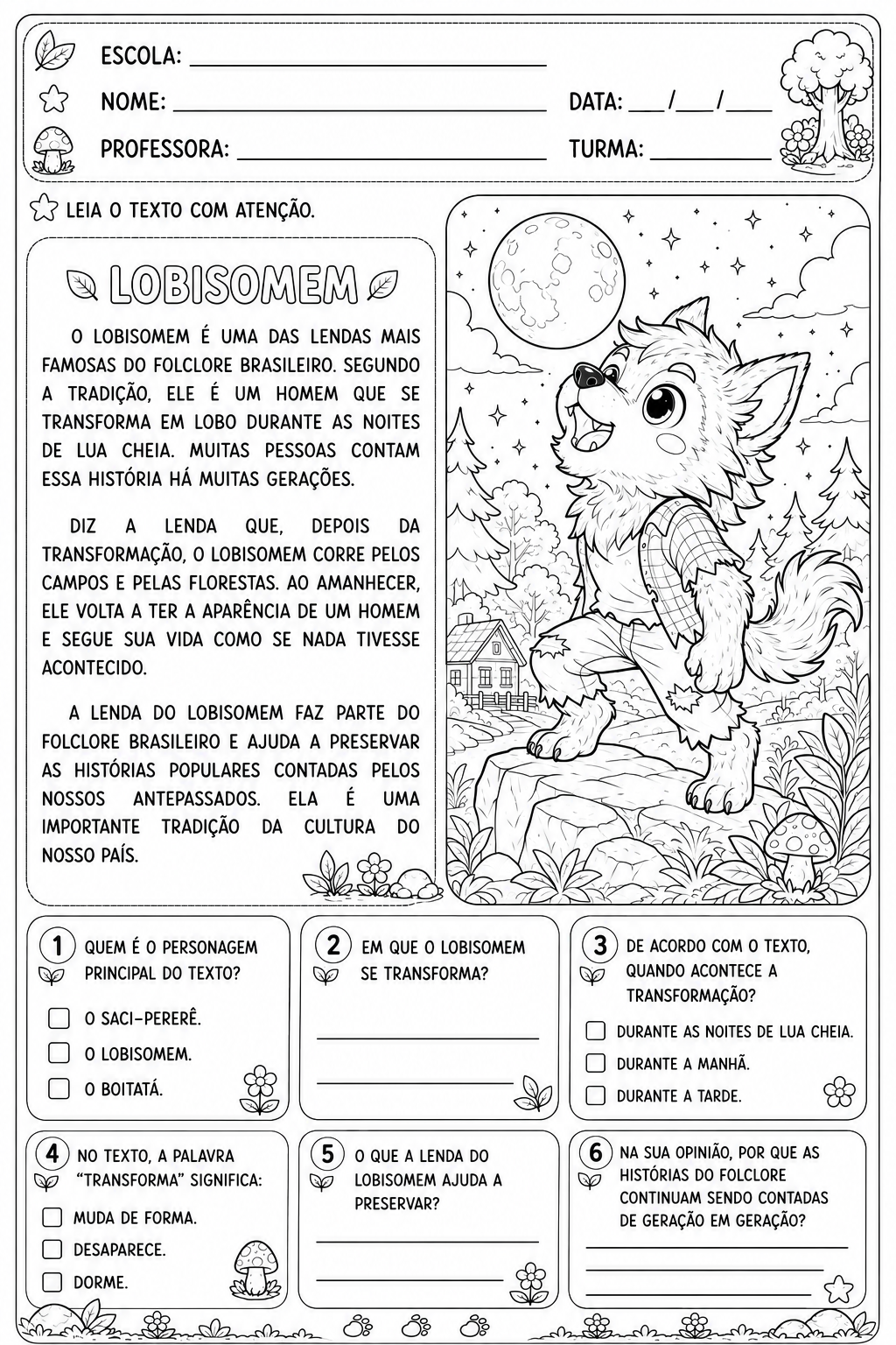 Leitura e Interpretação – Folclore Brasileiro | Nível 2 | Para colorir - Imagem 5