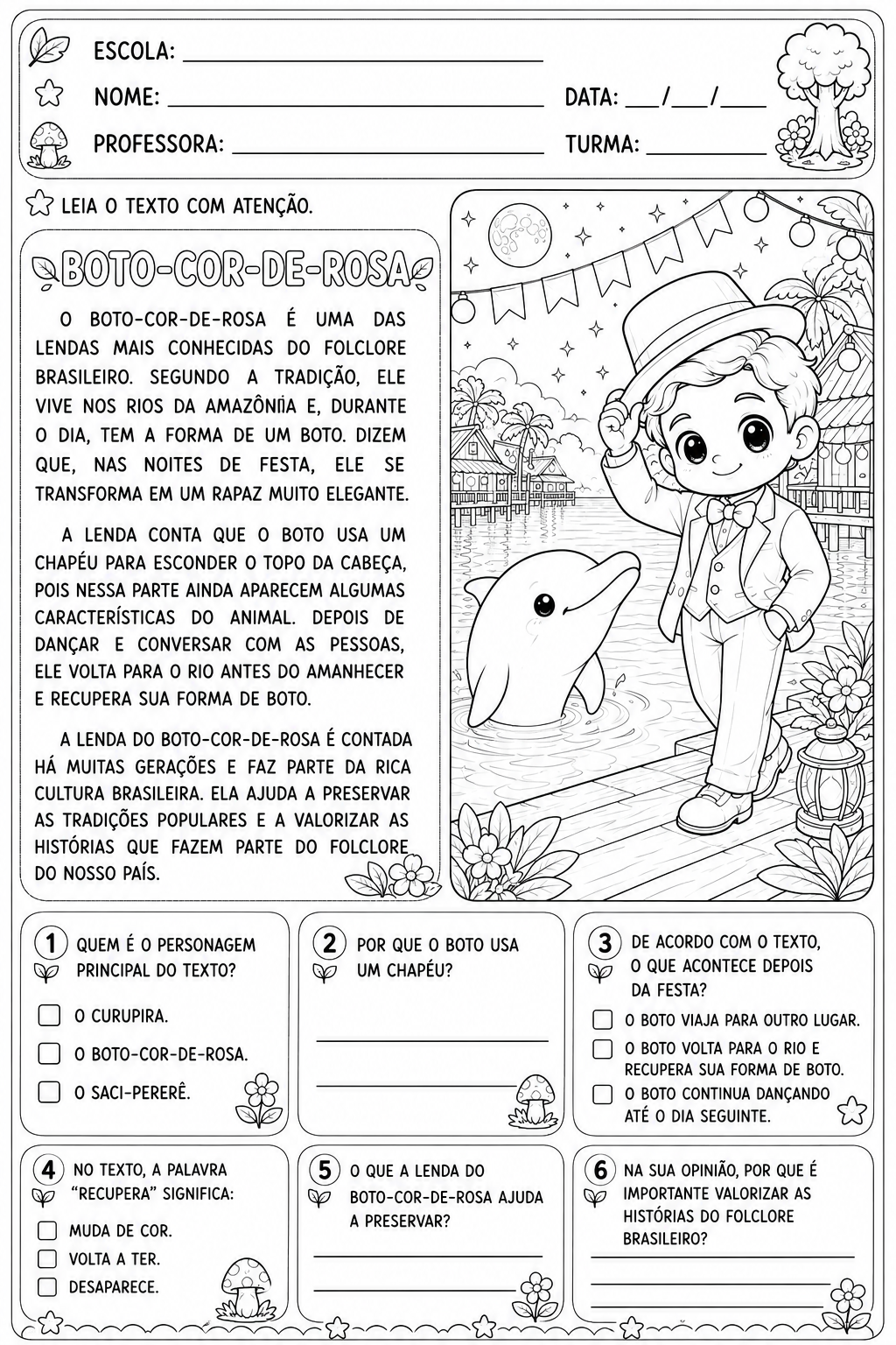 Leitura e Interpretação – Folclore Brasileiro | Nível 2 | Para colorir - Imagem 3