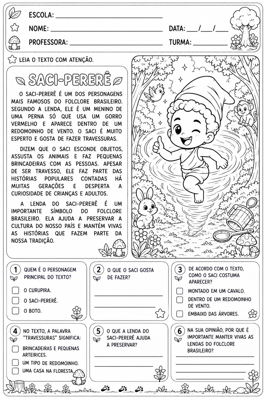 Leitura e Interpretação – Folclore Brasileiro | Nível 2 | Para colorir - Imagem 2