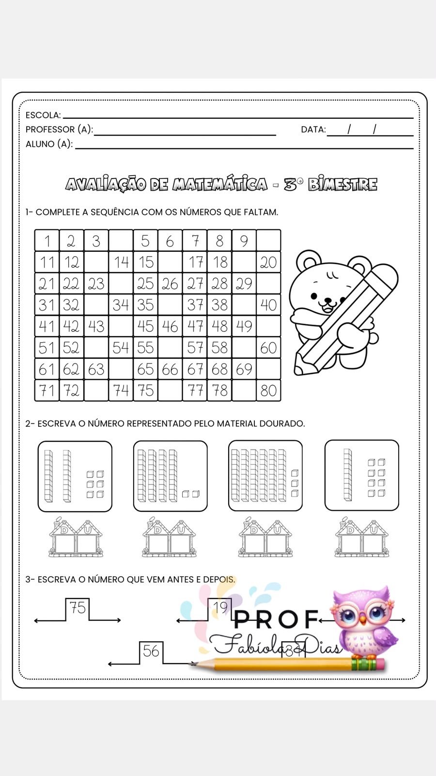 Avaliações de Português e Matemática – 1º Ano – 3º Bimestre | Editável no Canva - Imagem 5