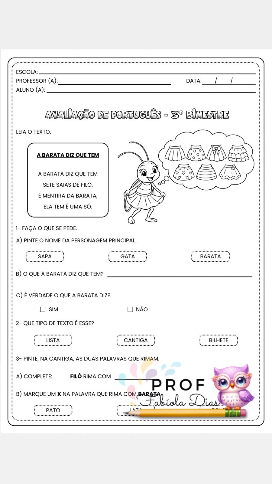 Avaliações de Português e Matemática – 1º Ano – 3º Bimestre | Editável no Canva - Imagem 2